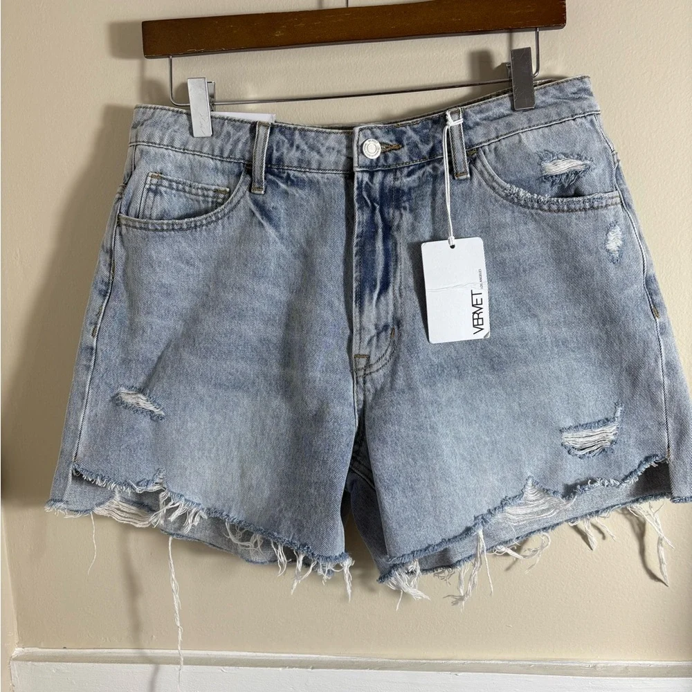 Vervet Sienna Super High Rise Distressed Denim Shorts Frayed Hem Light Wash L - Picture 2 of 10